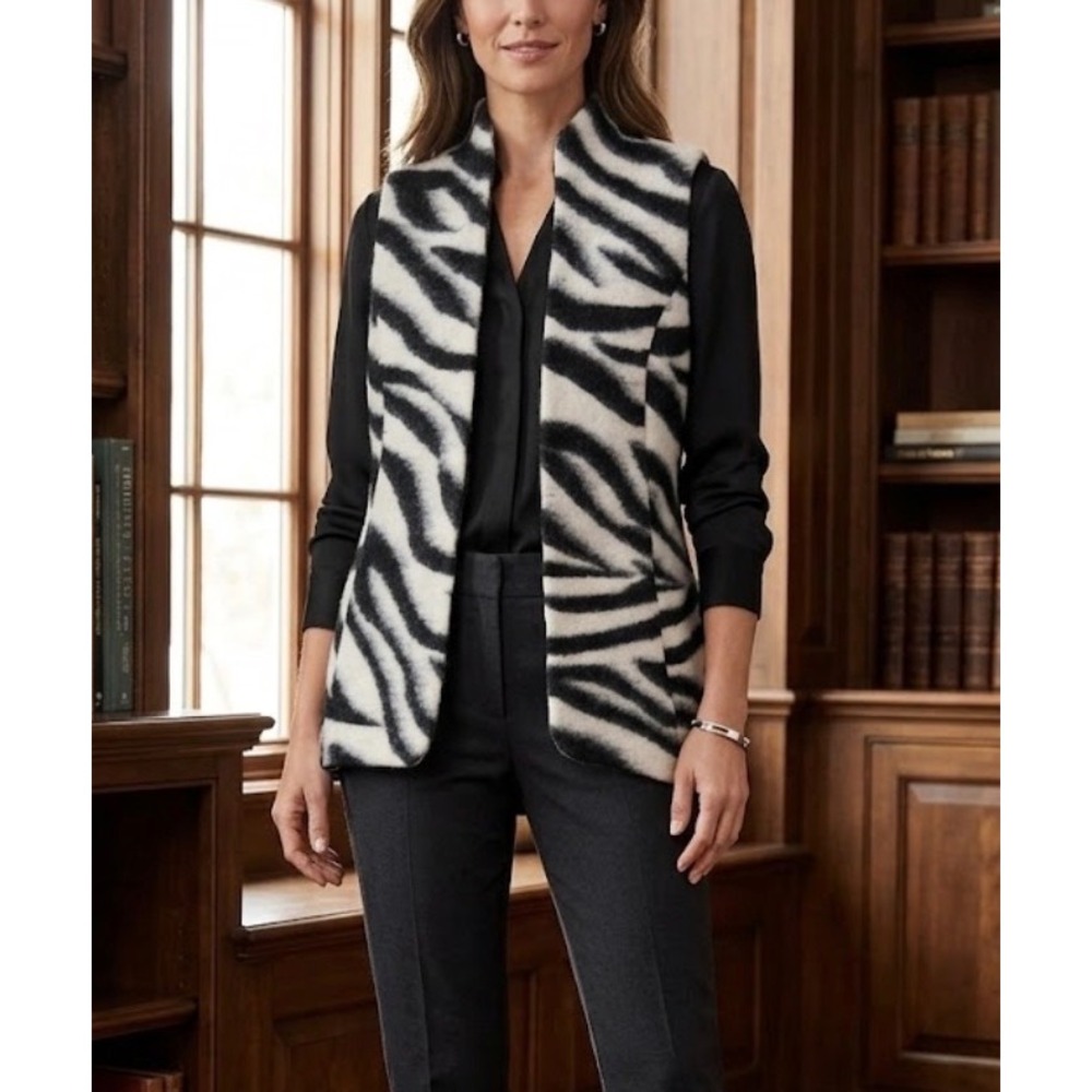 Chico's Zebra Print Wool Blend Open Front Vest Black White Size 0 Small